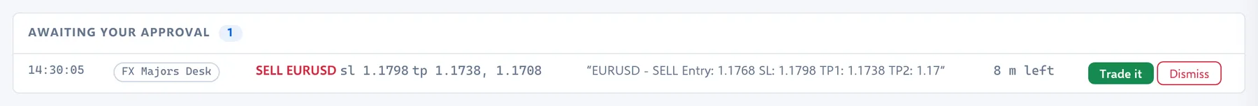 แผง “รอคุณอนุมัติ” พร้อมปุ่ม “เข้าเทรด” และ “ปฏิเสธ”