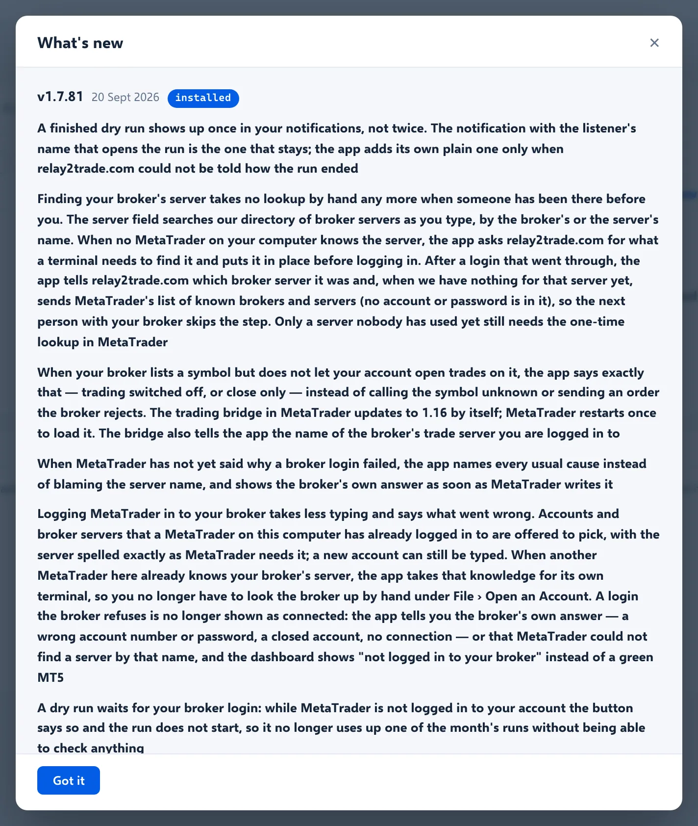 The What's new window showing v1.7.81 of 20 Sept 2026, marked installed, with its release notes