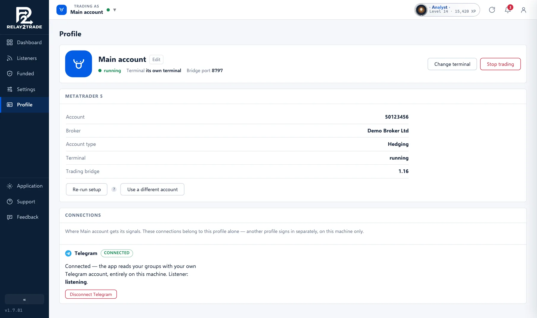 La page Connexions de Main account : en marche, Terminal son propre terminal, le bouton Changer de terminal et l'interrupteur Trading, le cadre MetaTrader 5 et le cadre Telegram