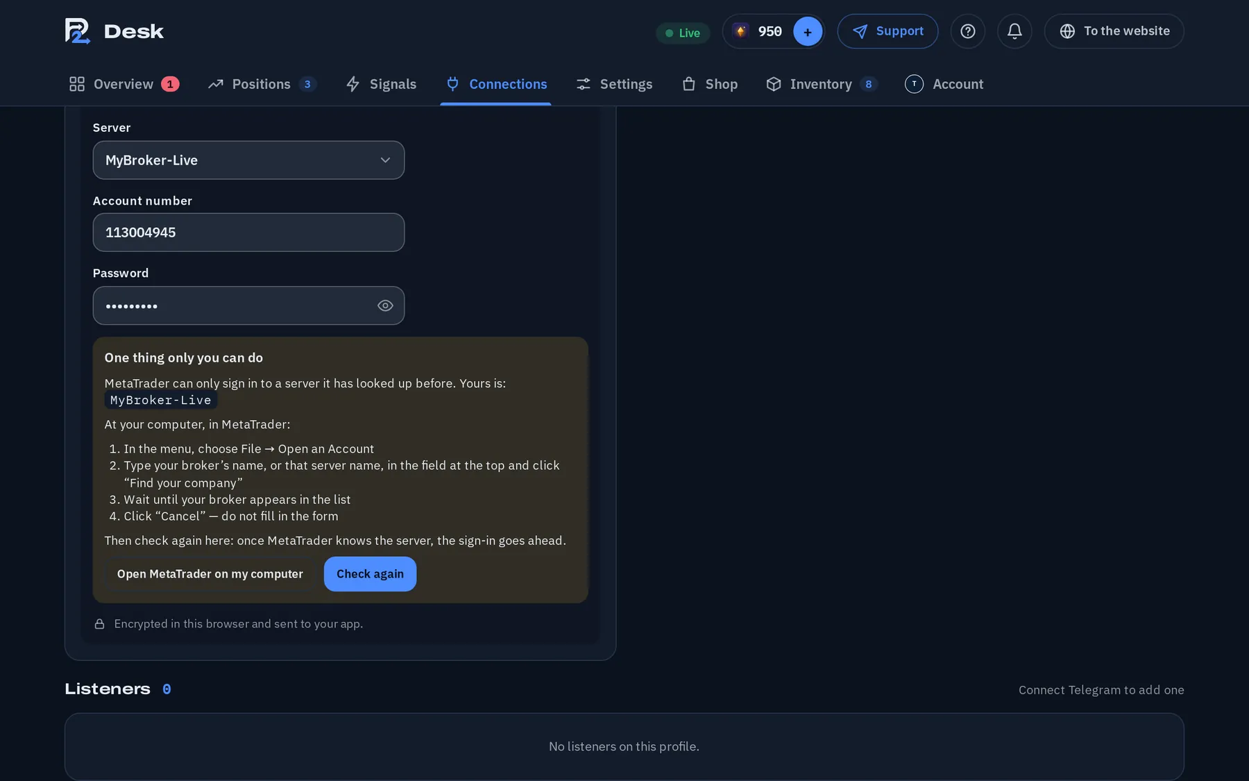 The app asking you to find your broker server in MetaTrader, with the server name shown. (The Remote Control: Desk · dark mode)