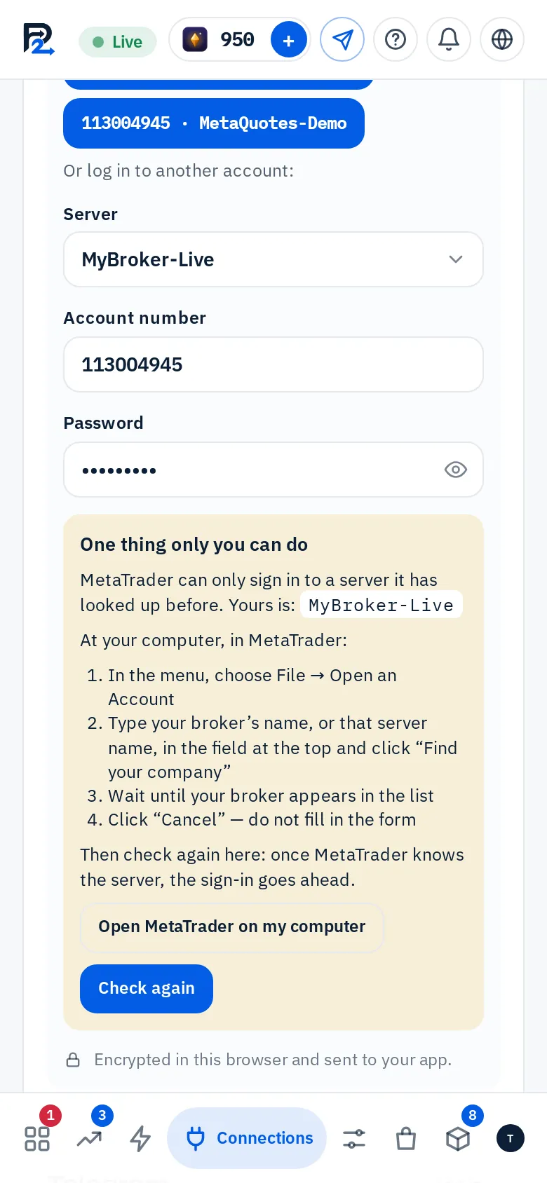 The app asking you to find your broker server in MetaTrader, with the server name shown. (The Remote Control: Desk · phone)