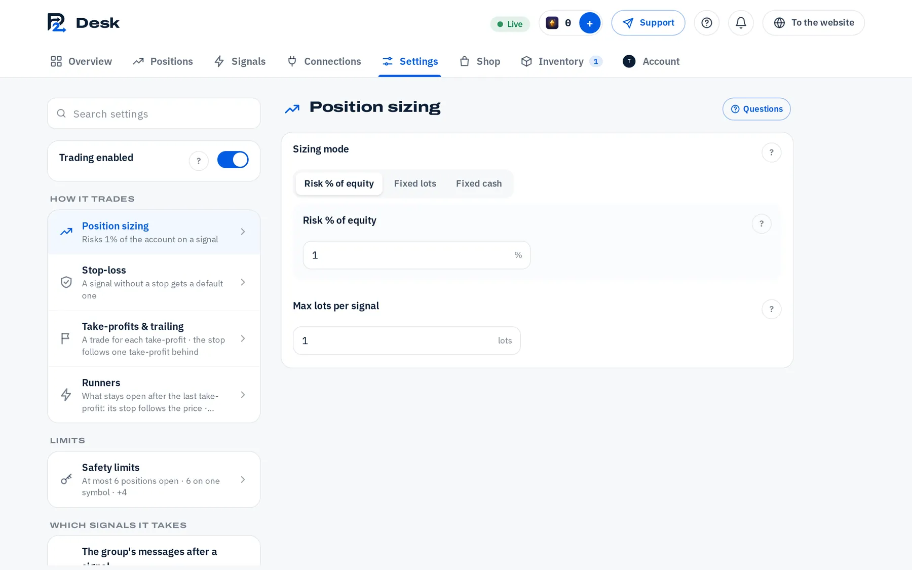 The Settings page: position sizing, take-profits and trailing, stop-loss and safety limits. (The Remote Control: Desk · computer)