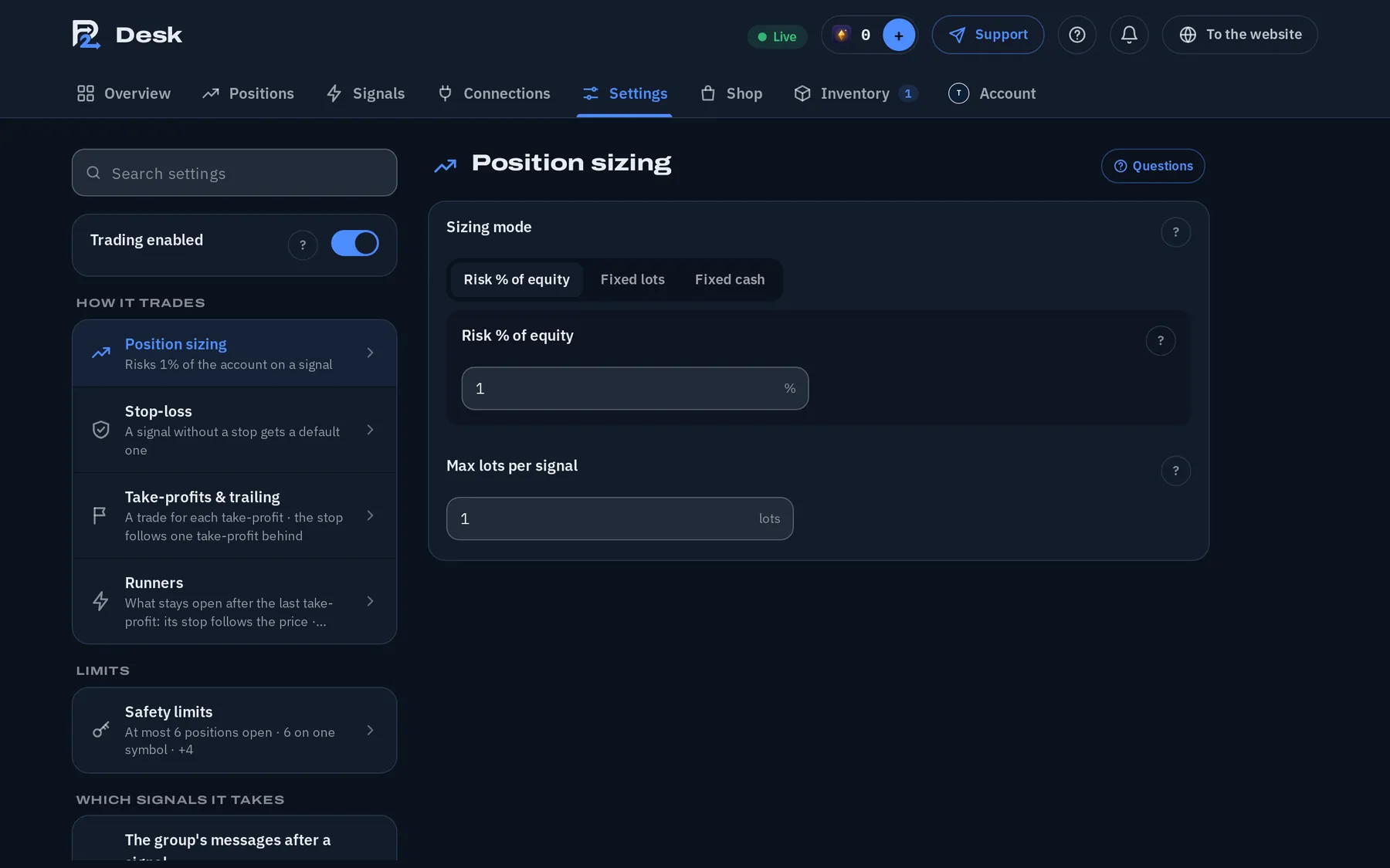 The Settings page: position sizing, take-profits and trailing, stop-loss and safety limits. (The Remote Control: Desk · dark mode)