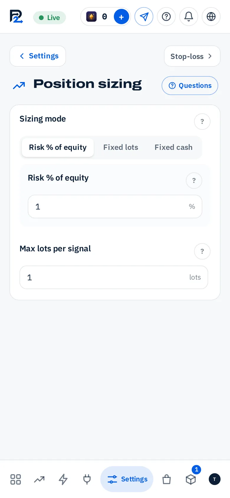 The Settings page: position sizing, take-profits and trailing, stop-loss and safety limits. (The Remote Control: Desk · phone)