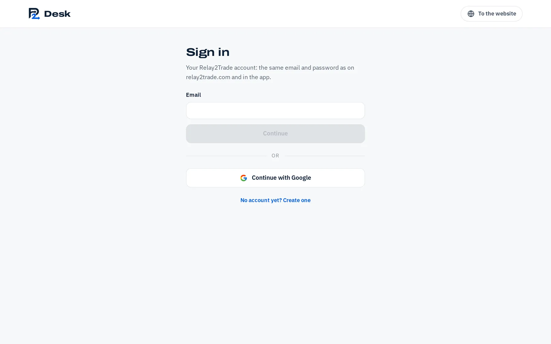 The Relay2Trade account panel in the app, with the email and password fields. (The Remote Control: Desk · computer)