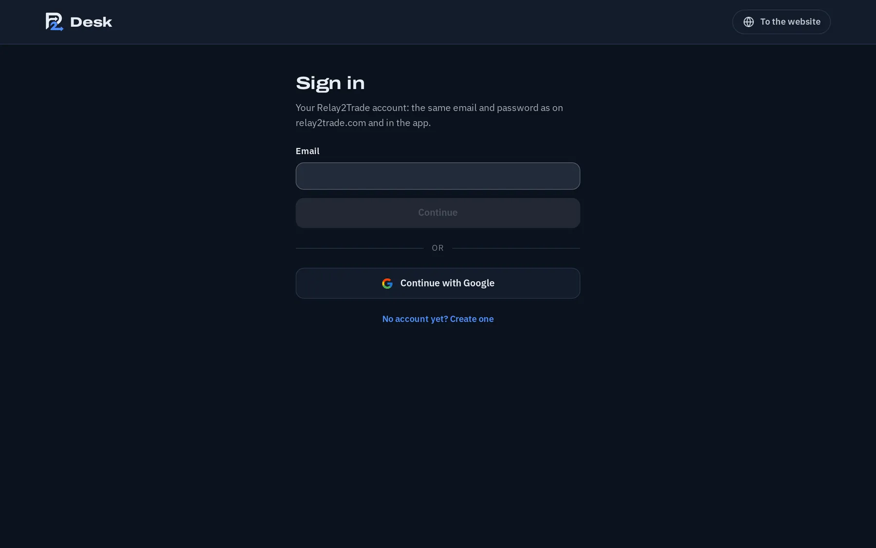 The Relay2Trade account panel in the app, with the email and password fields. (The Remote Control: Desk · dark mode)