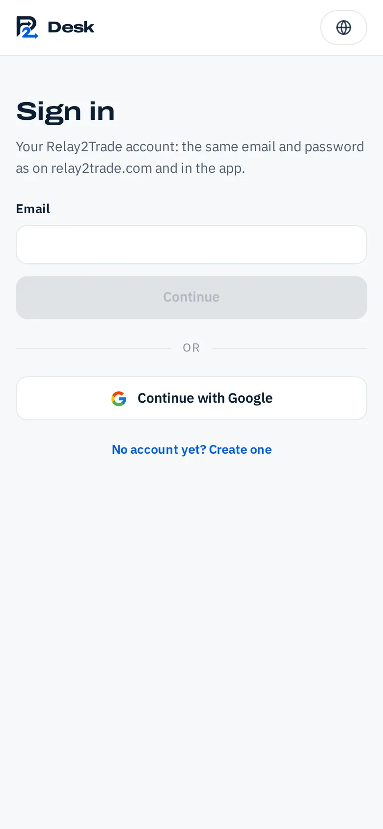 The Relay2Trade account panel in the app, with the email and password fields. (The Remote Control: Desk · phone)