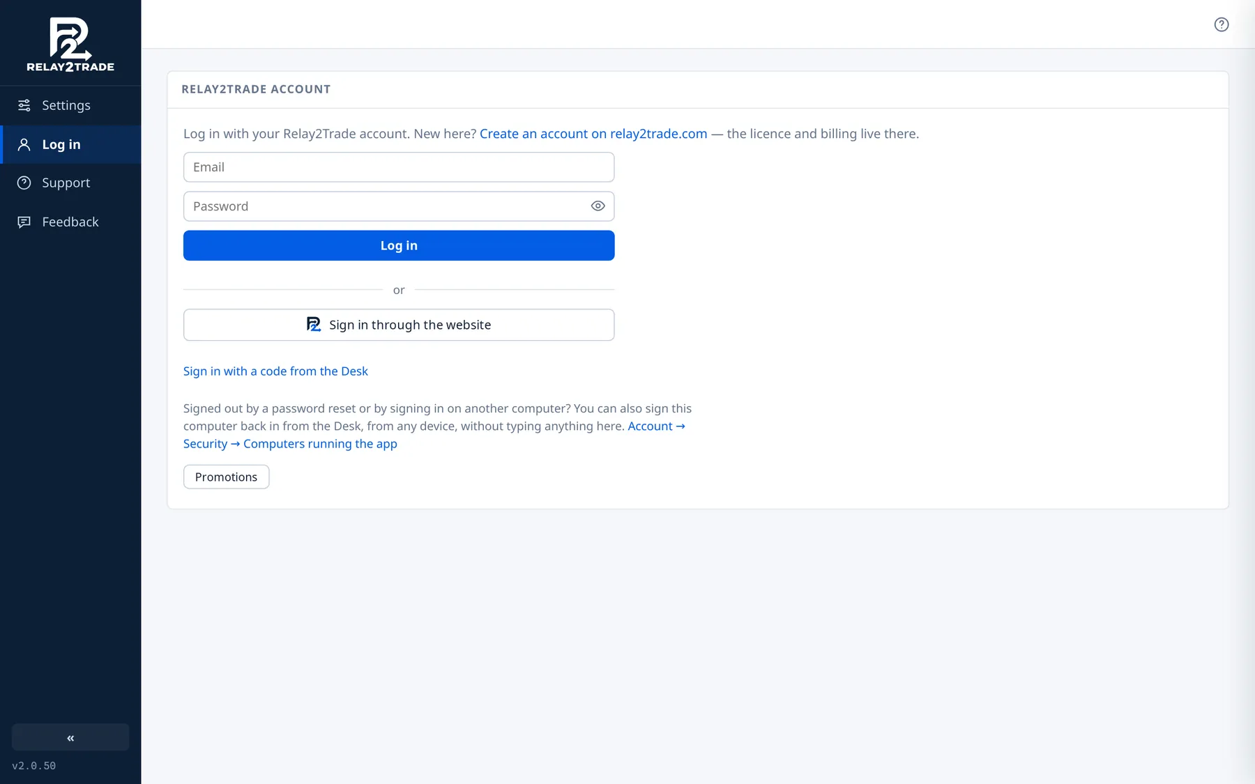 The Relay2Trade account panel in the app, with the email and password fields. (Windows)