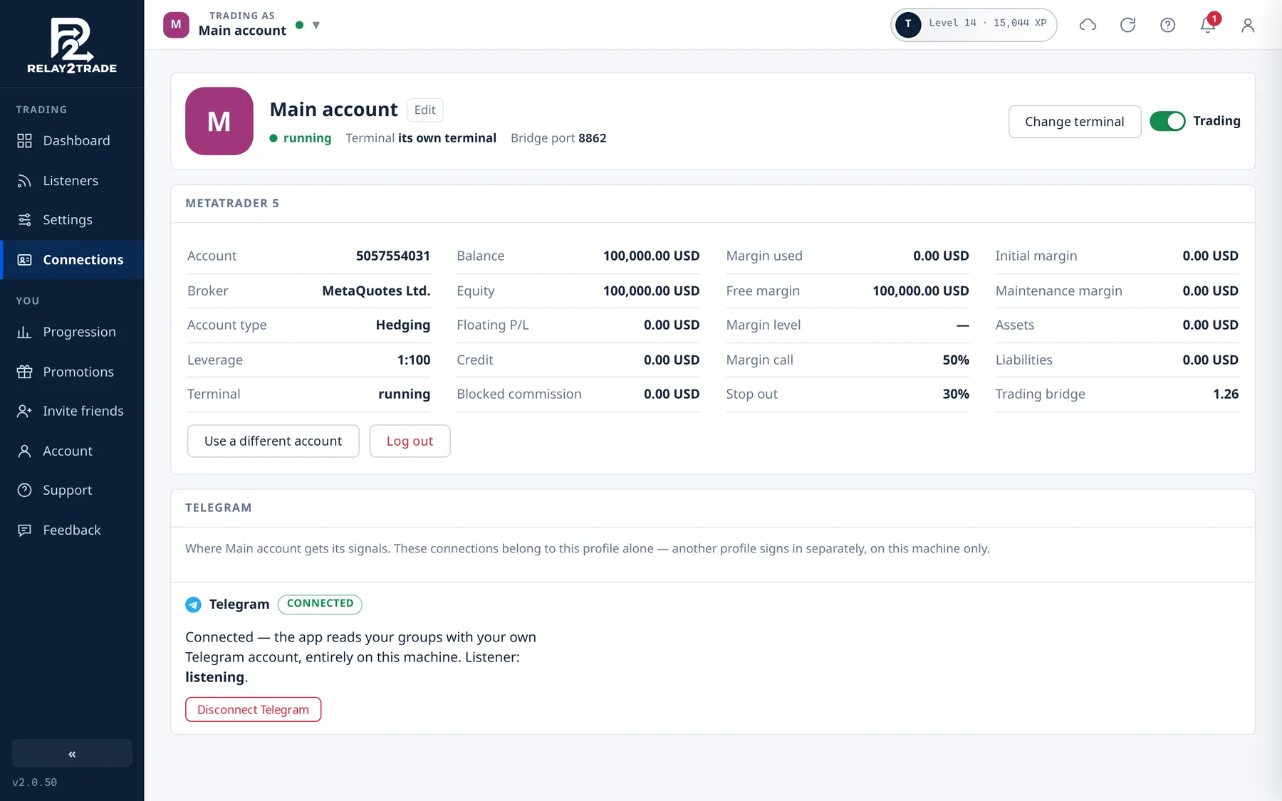 Connections: the profile's MetaTrader connected, Telegram listening, and its listeners. (Windows)