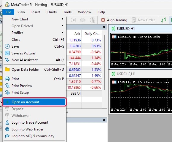 O MetaTrader 5 com o menu File (Arquivo) aberto e "Open an Account" (Abrir uma Conta) em destaque