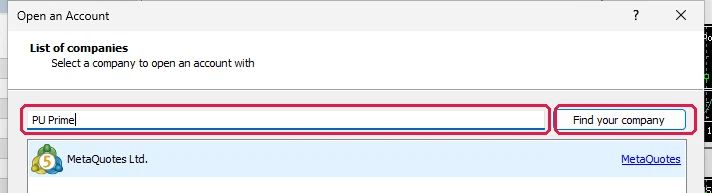 A janela "Open an Account" com o nome de uma corretora digitado no campo do alto, ao lado do botão "Find your company"