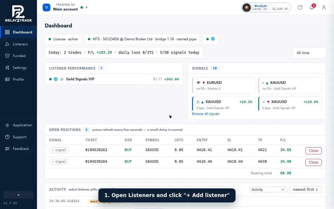 ภาพเคลื่อนไหวสาธิต: เพิ่มกลุ่มสัญญาณ Telegram เป็น listener ตั้งค่า บันทึก แล้วเปลี่ยนเป็นอัตโนมัติในภายหลัง