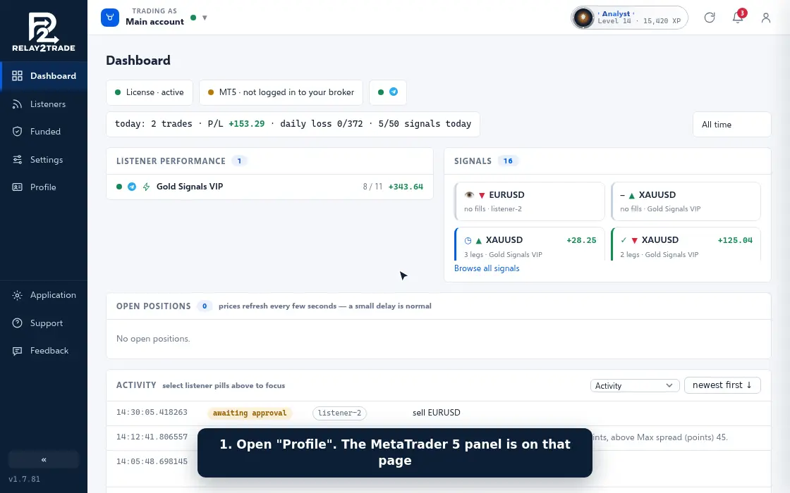 Demonstração animada: escolher uma conta que o app encontrou em um MetaTrader deste computador, digitar a senha e conectar