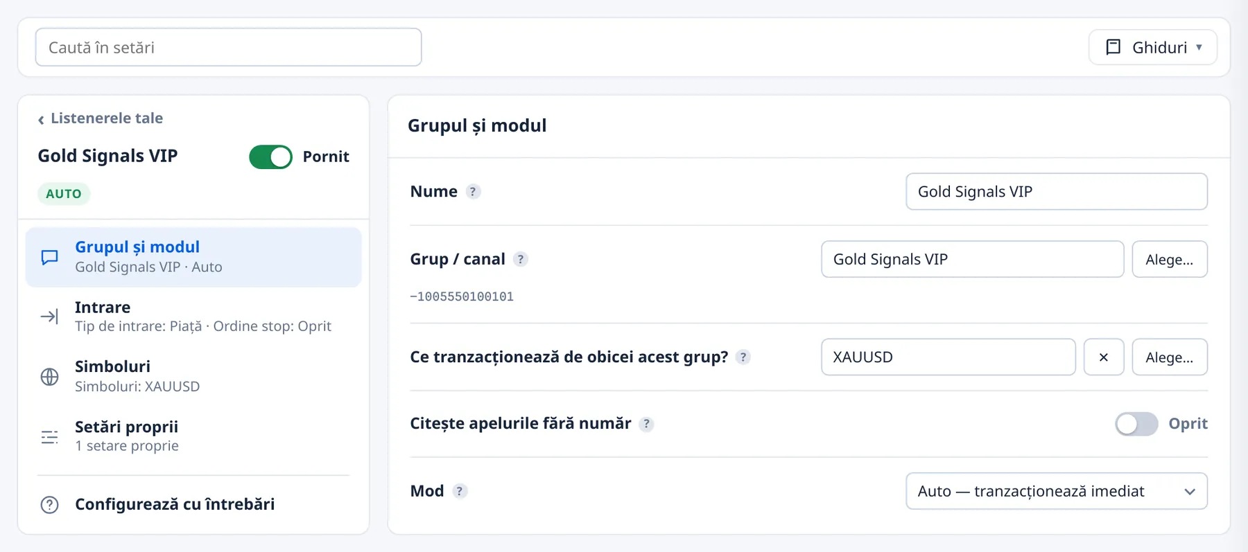 Un listener deschis: în stânga grupurile lui de setări (Grupul și modul, Intrare, Simboluri, Setări proprii), iar alături „Grupul și modul”, cu Mod pe Auto