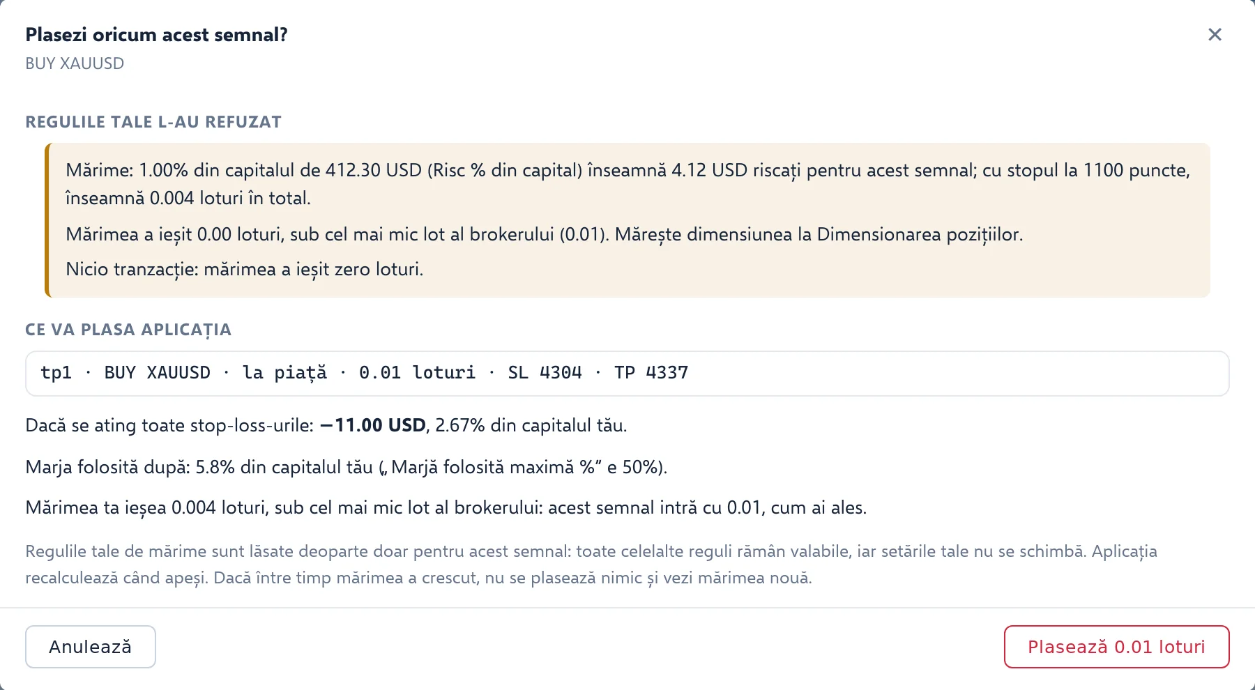 Fereastra Plasare forțată pentru BUY XAUUSD: mărimea ieșea 0.004 loturi, sub cel mai mic lot al brokerului; aplicația ar plasa 0.01 loturi la piață cu SL 4304 și TP 4337, 11.00 USD riscați, 2.67% din capital, marja folosită după 5.8%