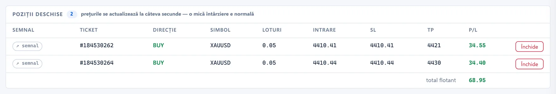 Tabelul Poziții deschise cu două poziții XAUUSD BUY de 0.05 loturi, butonul Închide pe fiecare rând și totalul flotant 68.95