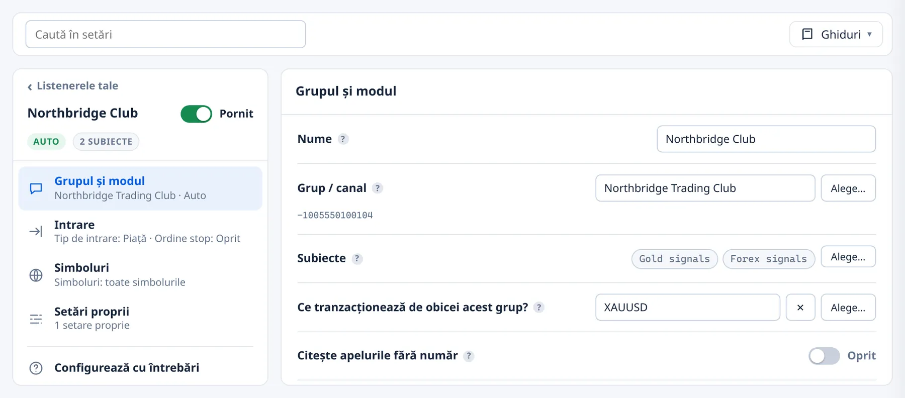 Un listener al unui grup cu subiecte, deschis la „Grupul și modul”: eticheta „2 subiecte” sub nume și rândul „Subiecte” cu Gold signals și Forex signals lângă „Alege…”