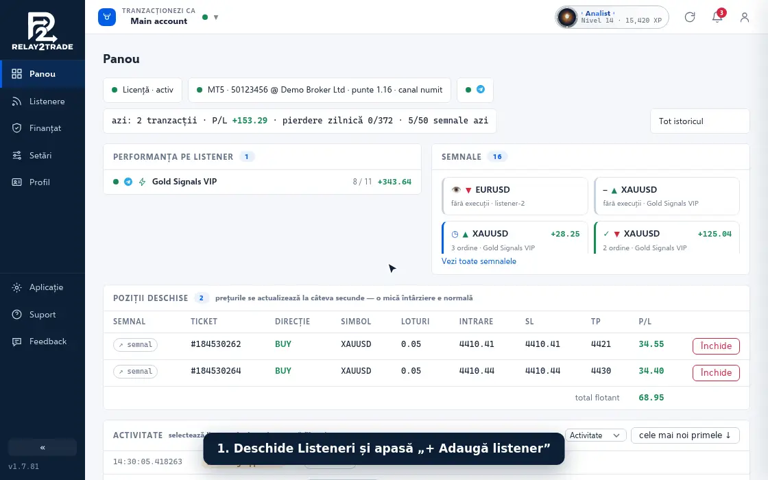 Prezentare animată: adaugi un grup de semnale din Telegram ca listener, îl configurezi, salvezi și, mai târziu, îl treci pe Auto