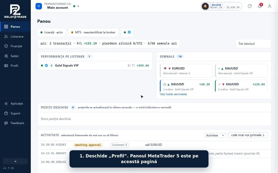 Prezentare animată: scrii un server care nu e în lista aplicației, apare dialogul „Un singur lucru depinde de tine” cu cei patru pași, apeși „Deschide MetaTrader”, iar contul se conectează