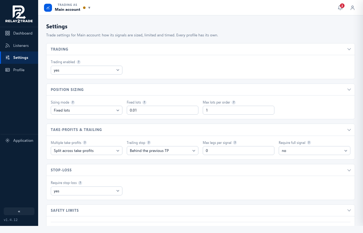 The Settings page: position sizing, take-profits and trailing, stop-loss and safety limits.