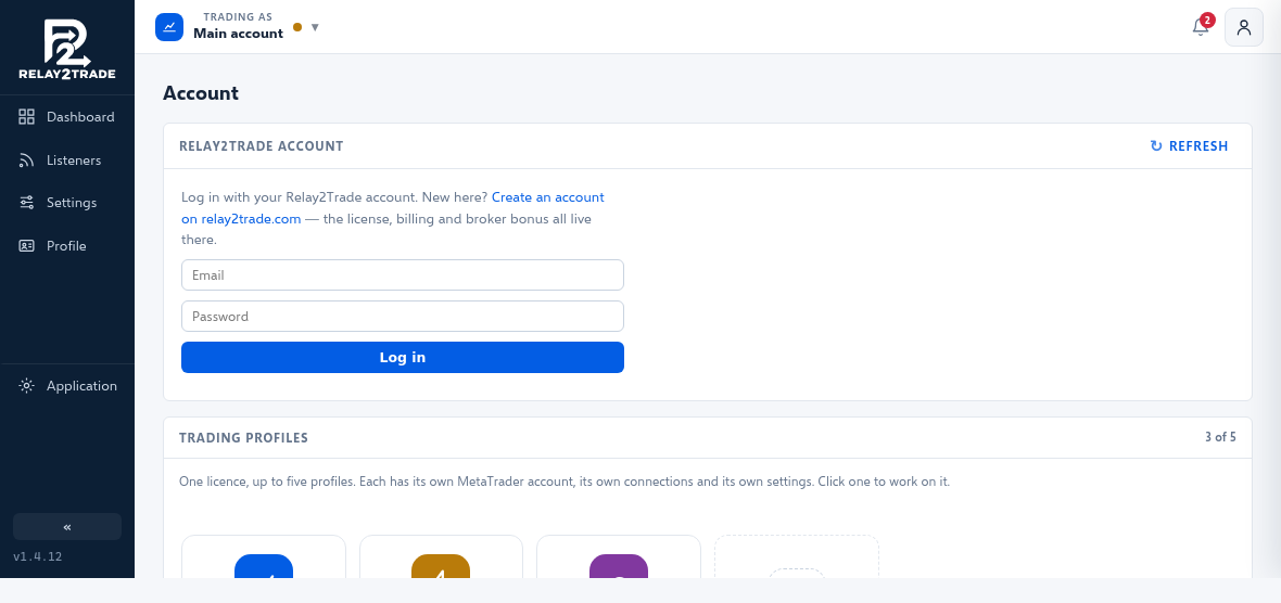 The Relay2Trade account panel in the app, with the email and password fields.
