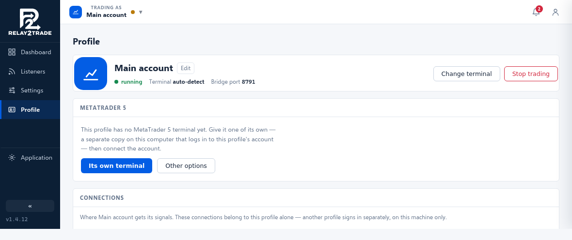 The Profile page offering this profile its own MetaTrader terminal.